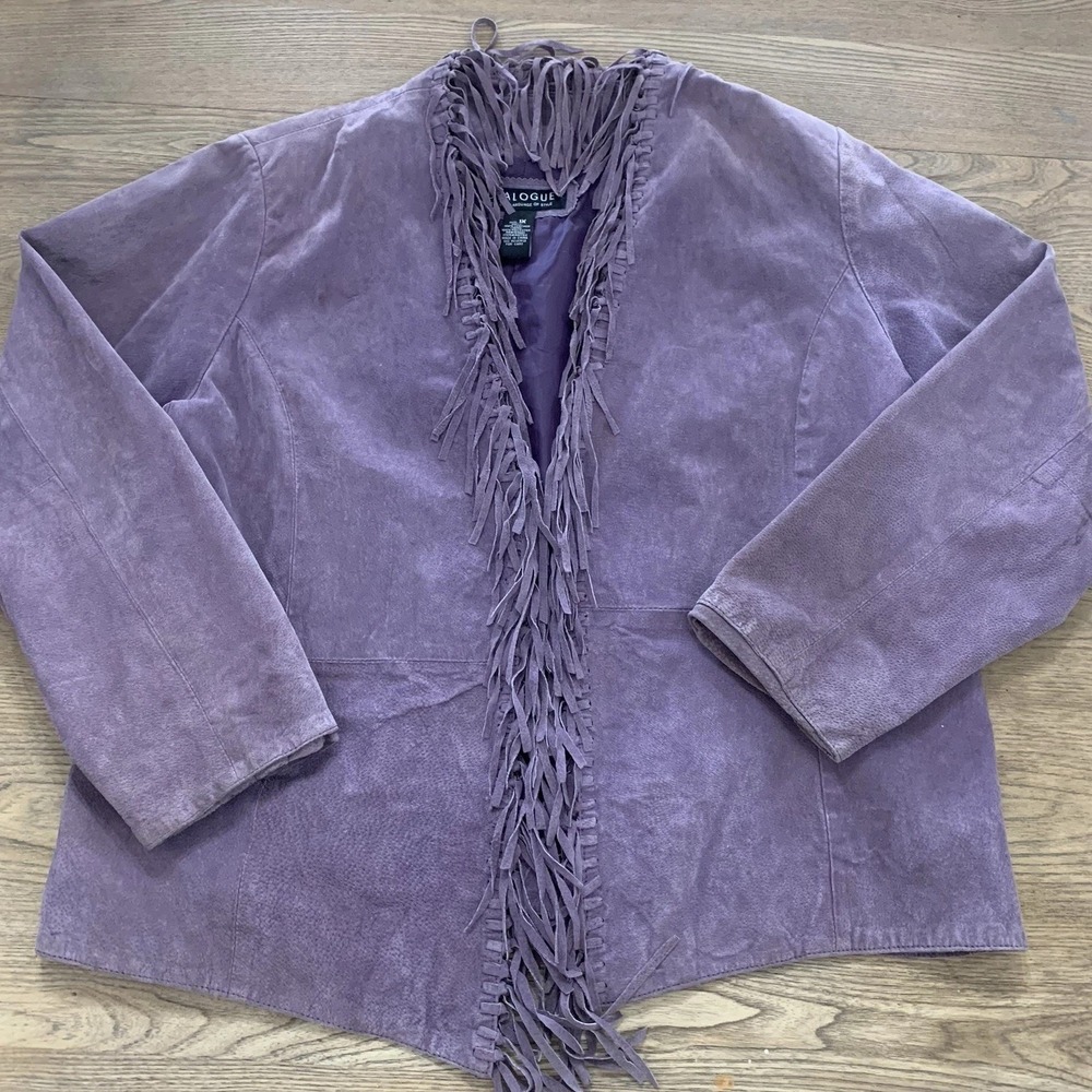 Vintage Dialogue Purple Leather Fringe Jacket Women's 1X Open Front Western Boho
